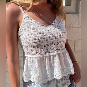 White Crochet Lace Peplum Camisole Boho Romantic Top Large